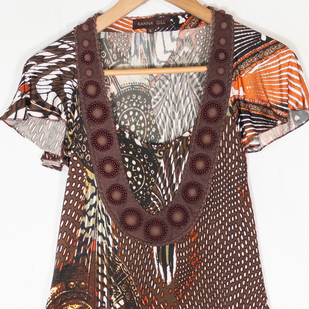 Ranna Gill Anthropologie Brown Tribal Ruffle Mini Dress Womens S Boho Beaded